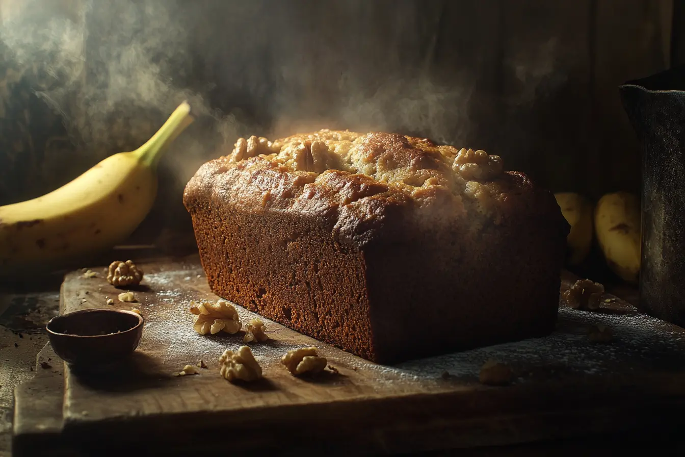 A freshly baked golden-brown banana bread on a rustic wooden cutting board, surrounded by ripe bananas and walnuts, with steam rising in soft natural light.