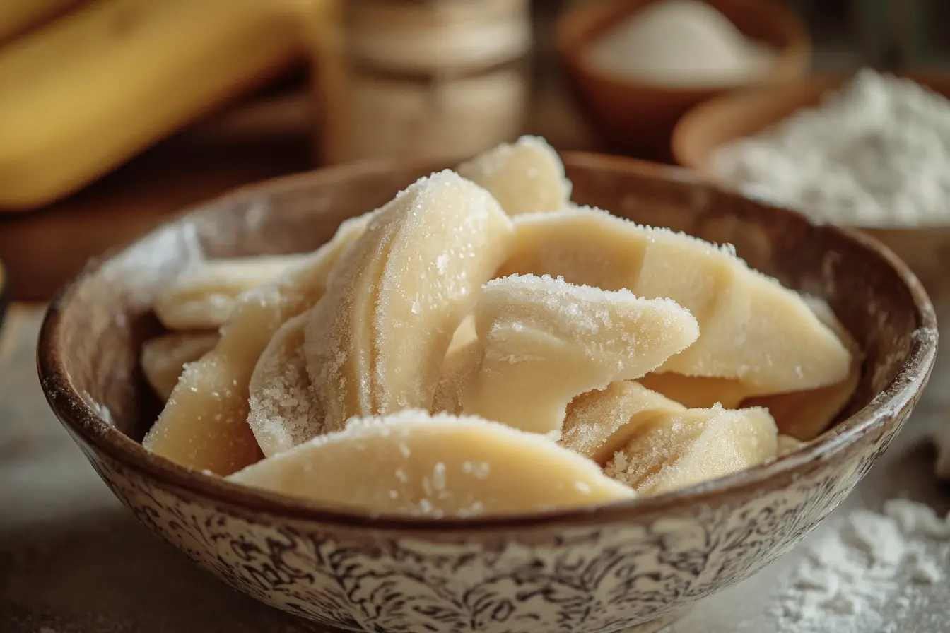 Partially thawed frozen bananas in a bowl with baking ingredients in the background.