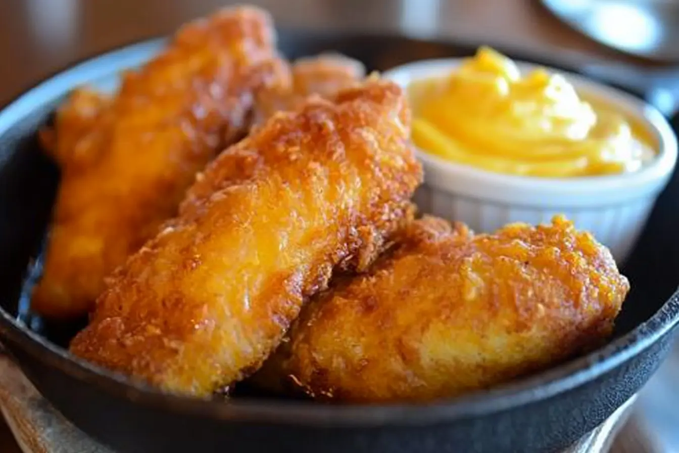 Chicken frying in a skillet with honey butter nearby.