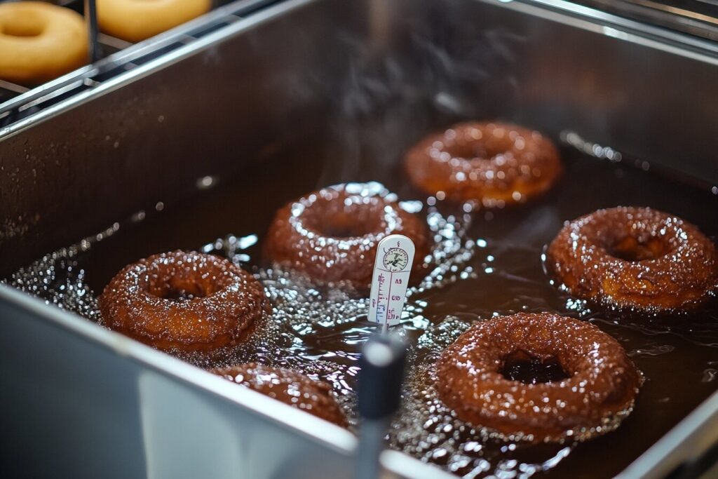 Frying chocolate frosted donuts in a deep fryer