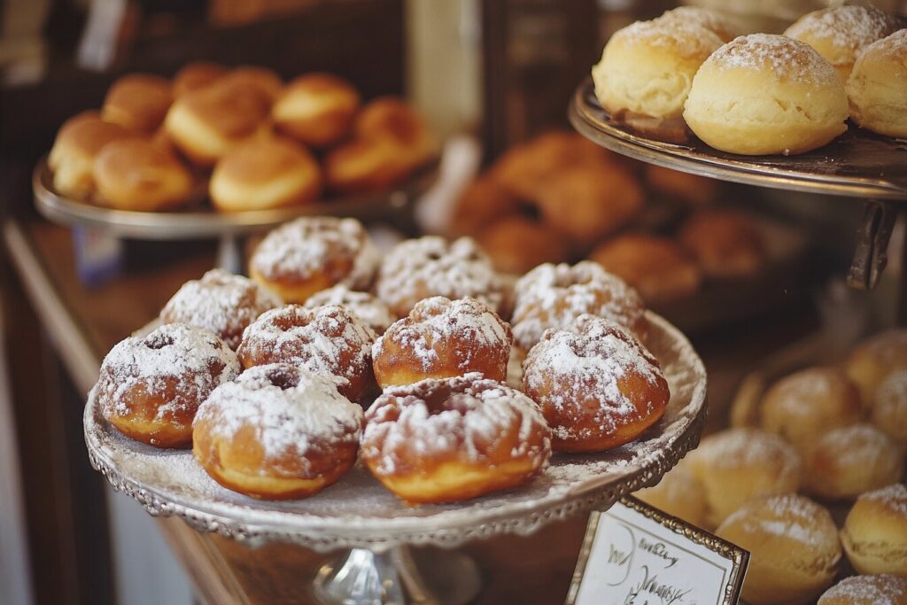 Powdered donuts frying in hot oil.