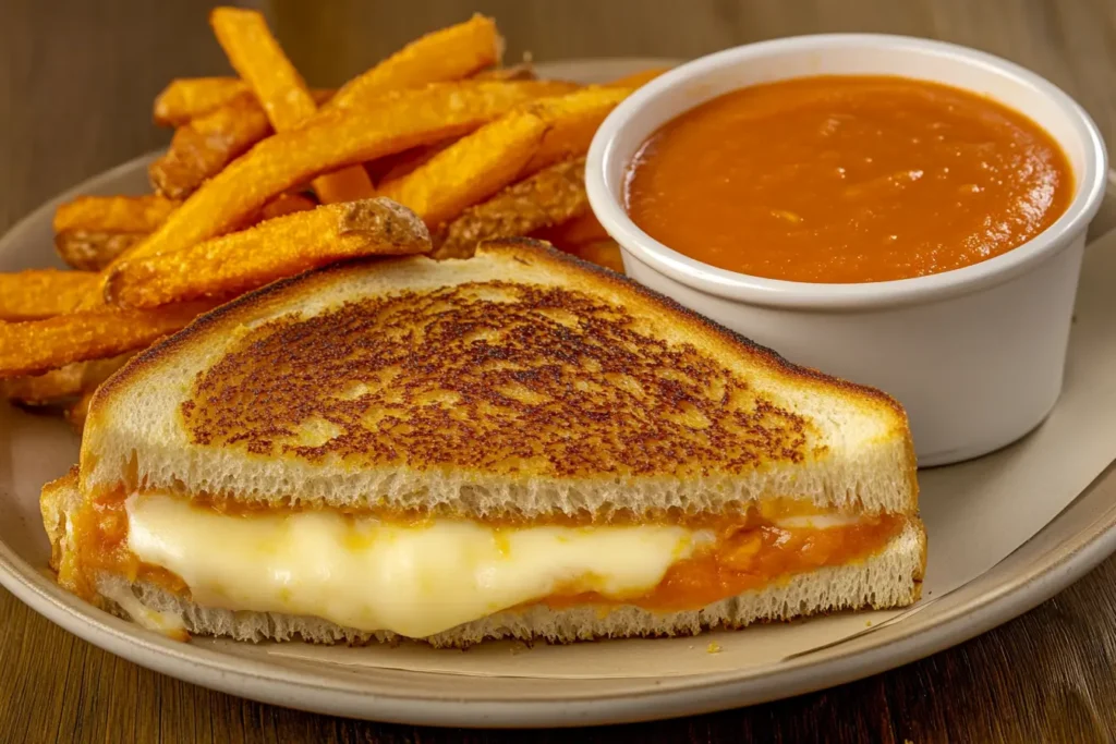 Grilled cheese sandwich with sweet potato fries and tomato soup.