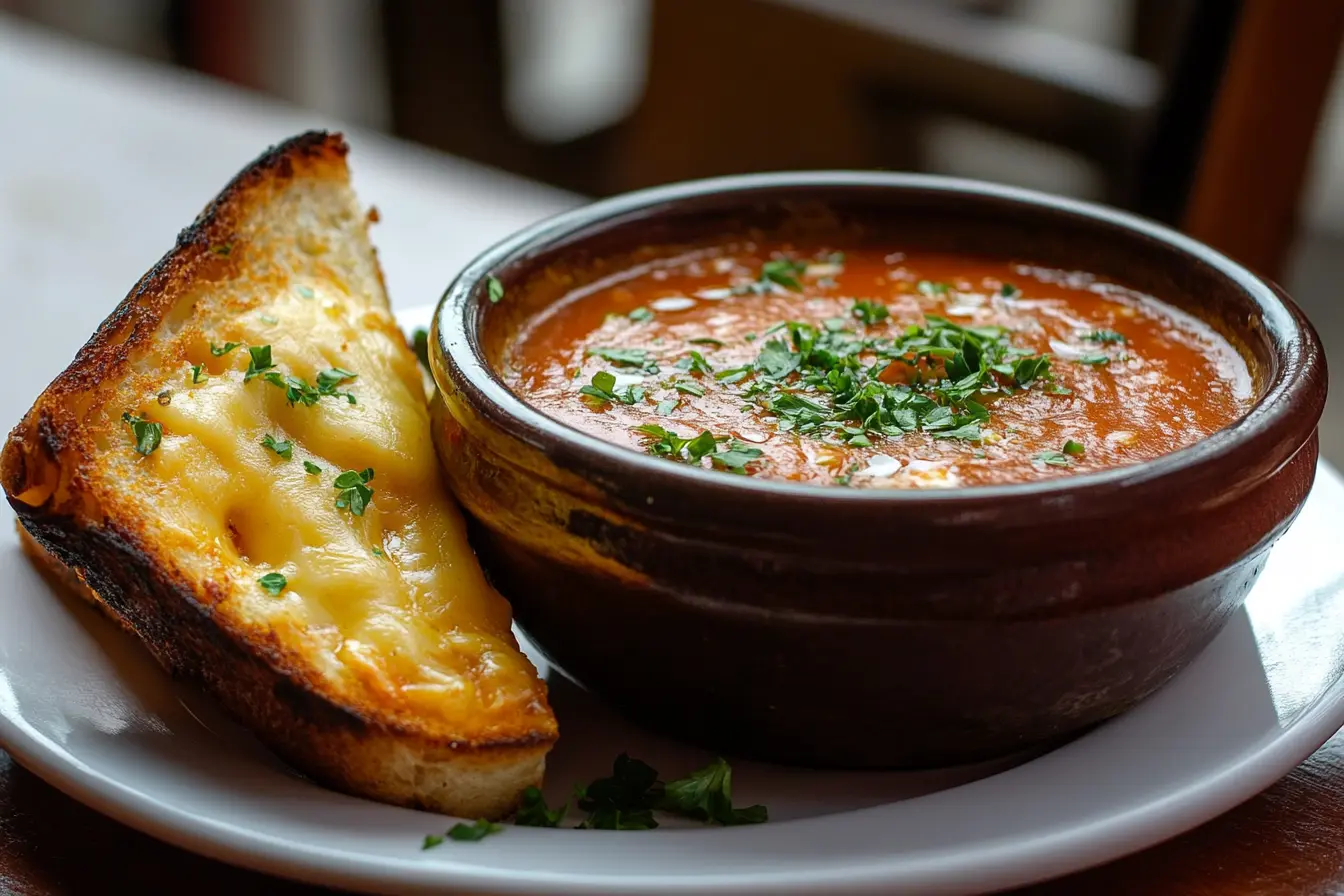 A delicious plate of grilled cheese with tomato soup, perfect comfort food.