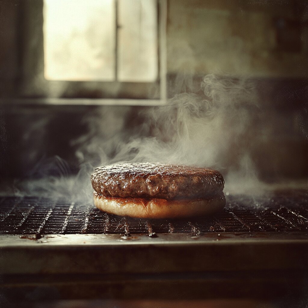 Frozen hamburger patty sizzling on a grill.