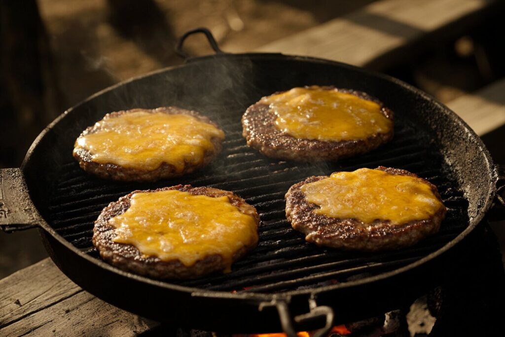 Frozen hamburger patties being grilled.