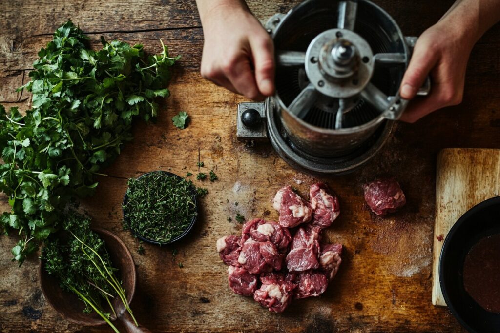 Grinding venison meat for homemade sausage.