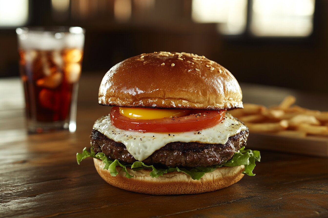 Juicy hamburger with a fried egg on top, served with fresh toppings