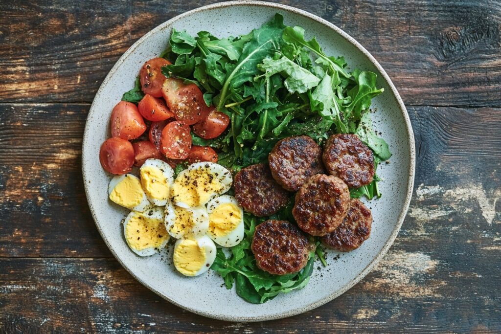 Healthy breakfast plate with venison sausage, eggs, and greens.