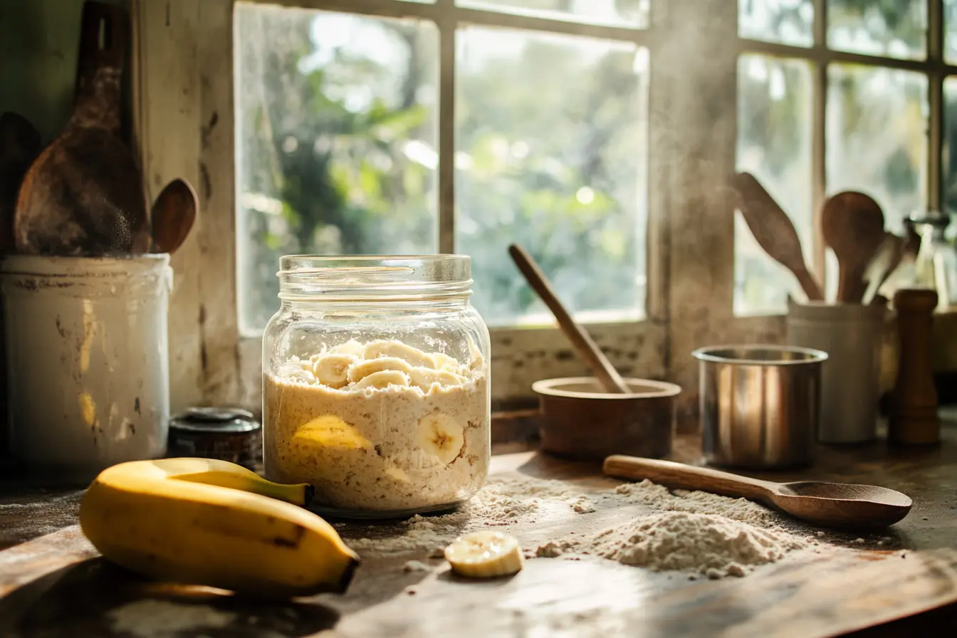 A cozy kitchen scene with a glass jar of homemade banana bread mix, surrounded by ripe bananas, measuring cups, and a wooden spoon on a rustic wooden countertop dusted with flour, illuminated by soft natural light.