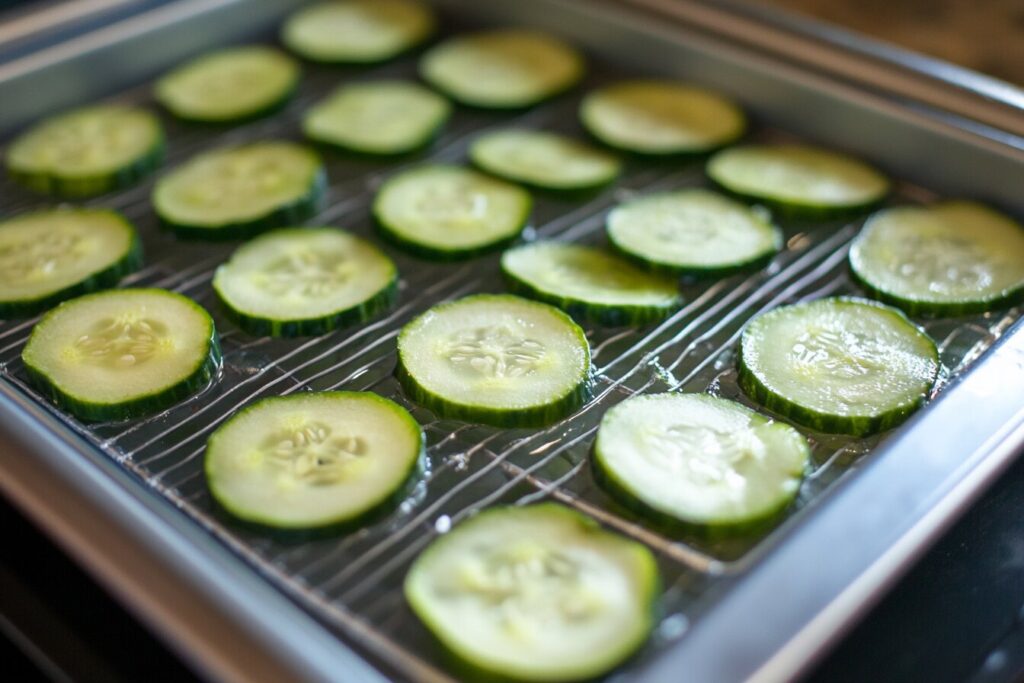 Steps to make homemade pickle chips: slicing, brining, and dehydrating.