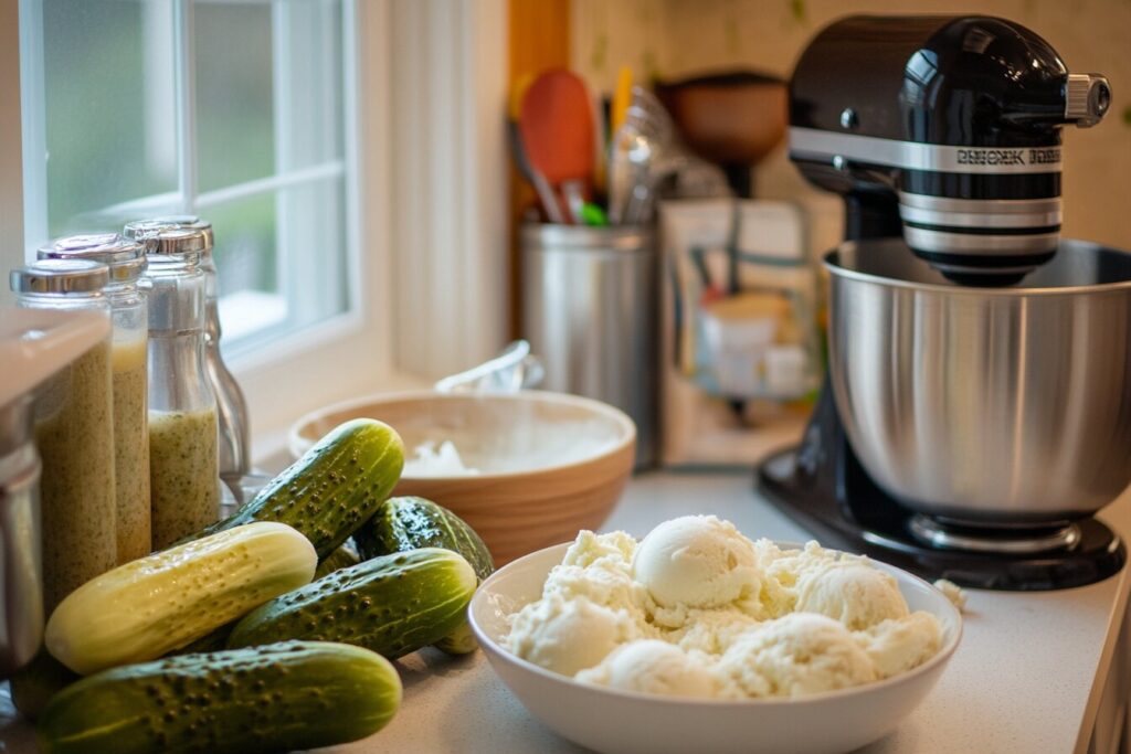 Ingredients for making homemade pickle ice cream on a kitchen counter.