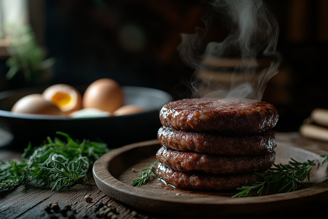 Freshly cooked venison breakfast sausage patties on a wooden plate.