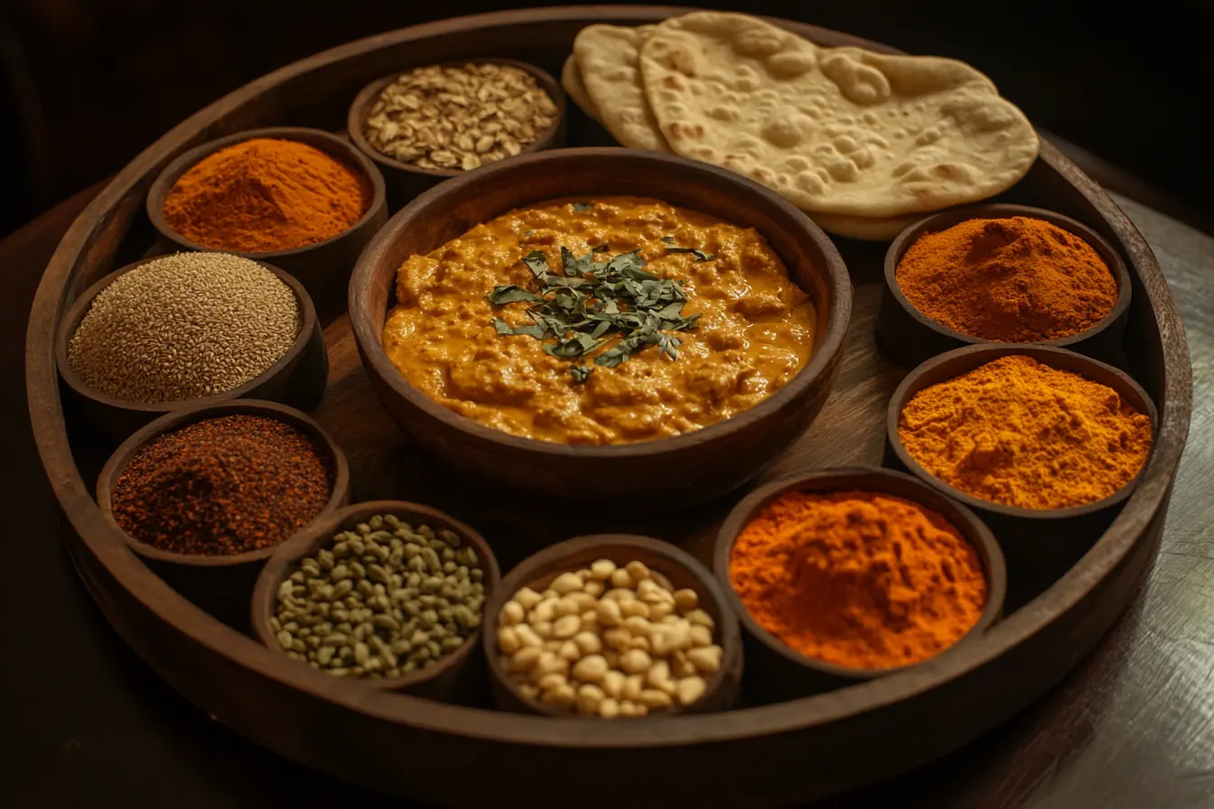 Indian spices with butter chicken and naan in the center.