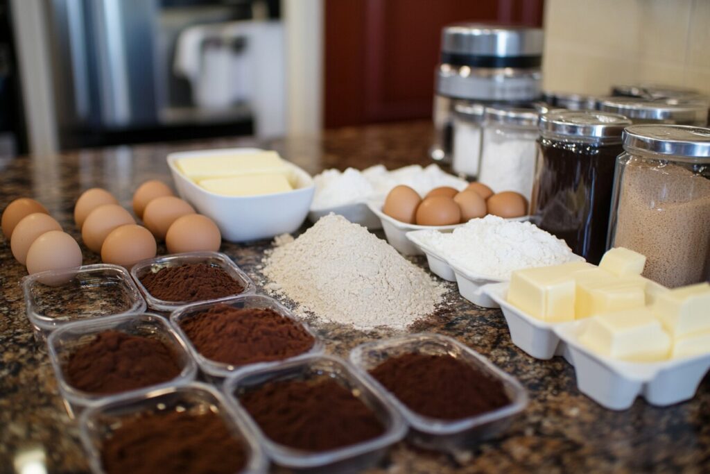 Ingredients for chocolate frosted donuts including flour, sugar, cocoa powder, and eggs