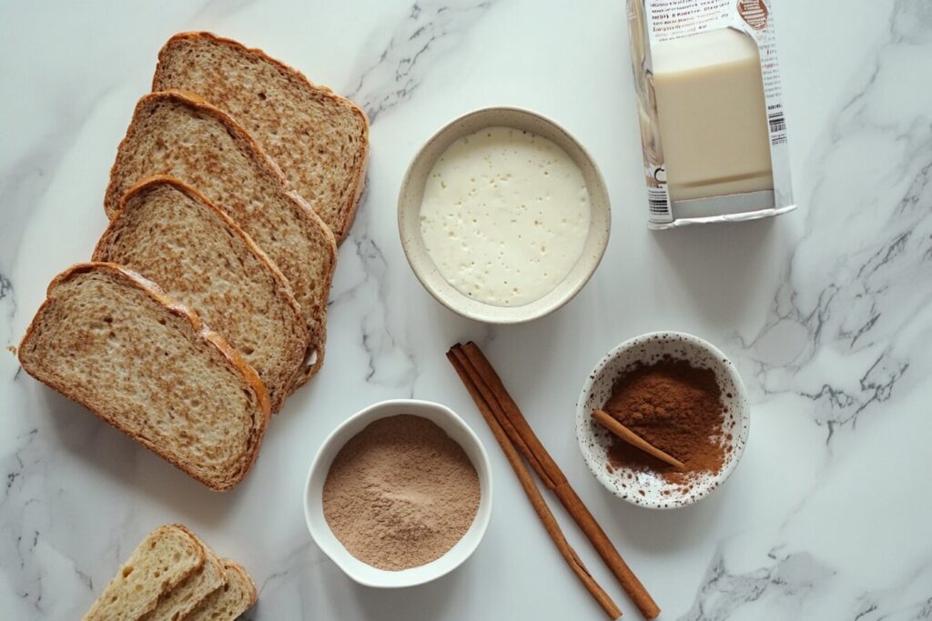 Essential ingredients for vegan egg French toast: plant-based milk, tofu, and bread