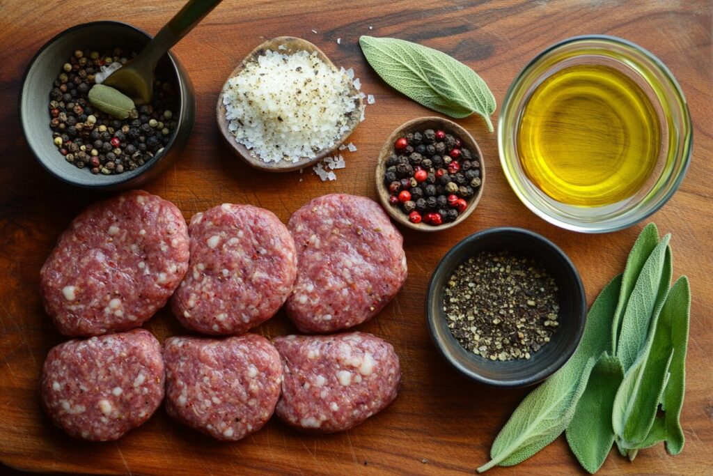 Ingredients for venison breakfast sausage on a cutting board.