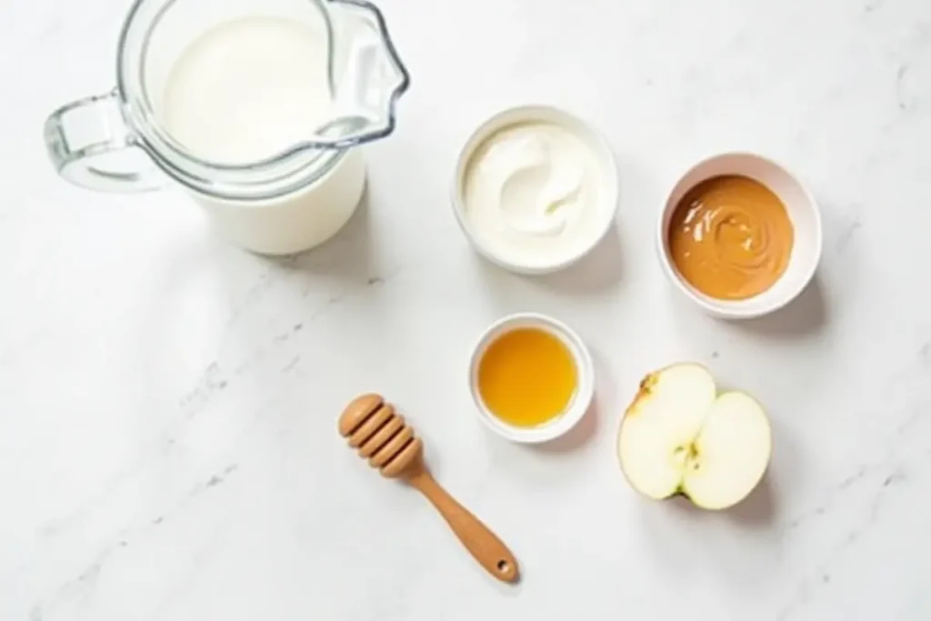 Ingredients for a peanut butter smoothie arranged on a countertop.