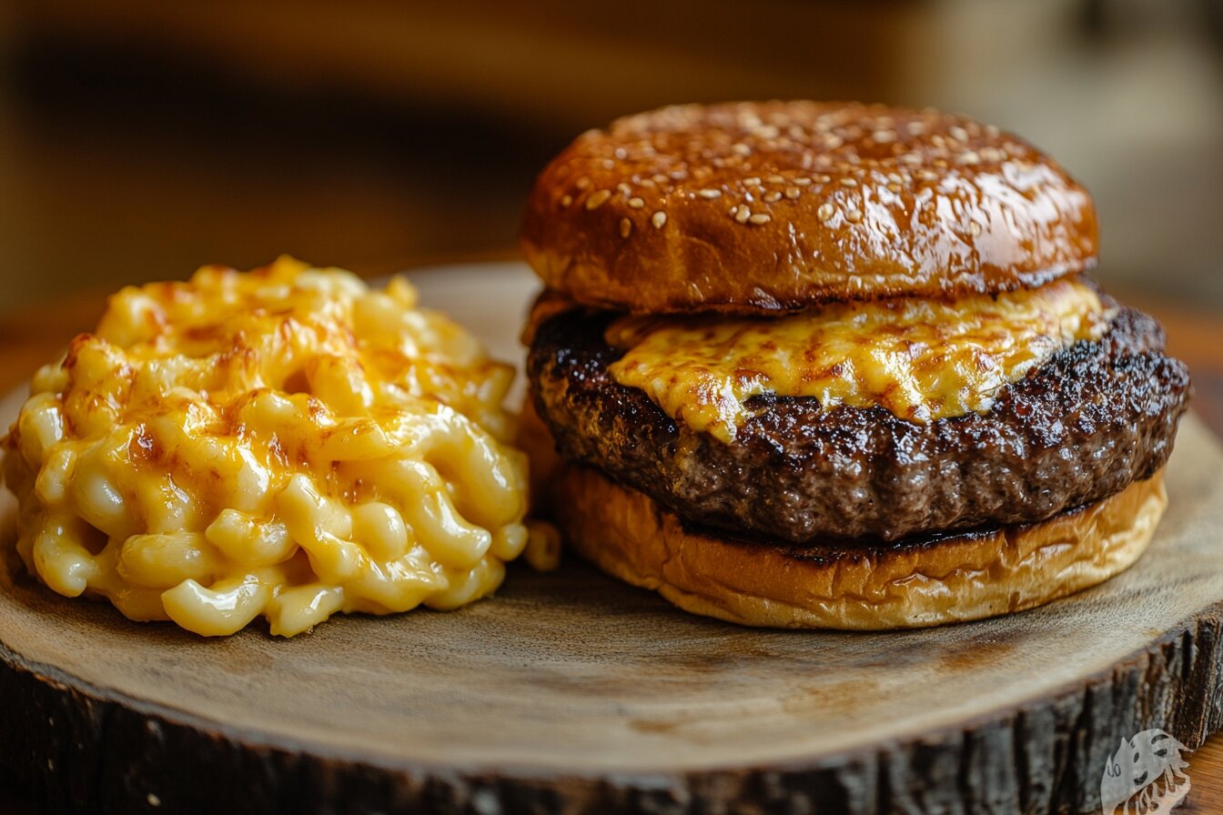 Juicy hamburger with mac and cheese on a wooden plate.