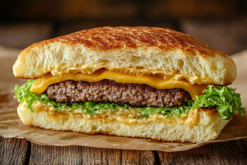 Keto hamburger bun with beef patty, cheese, and lettuce.