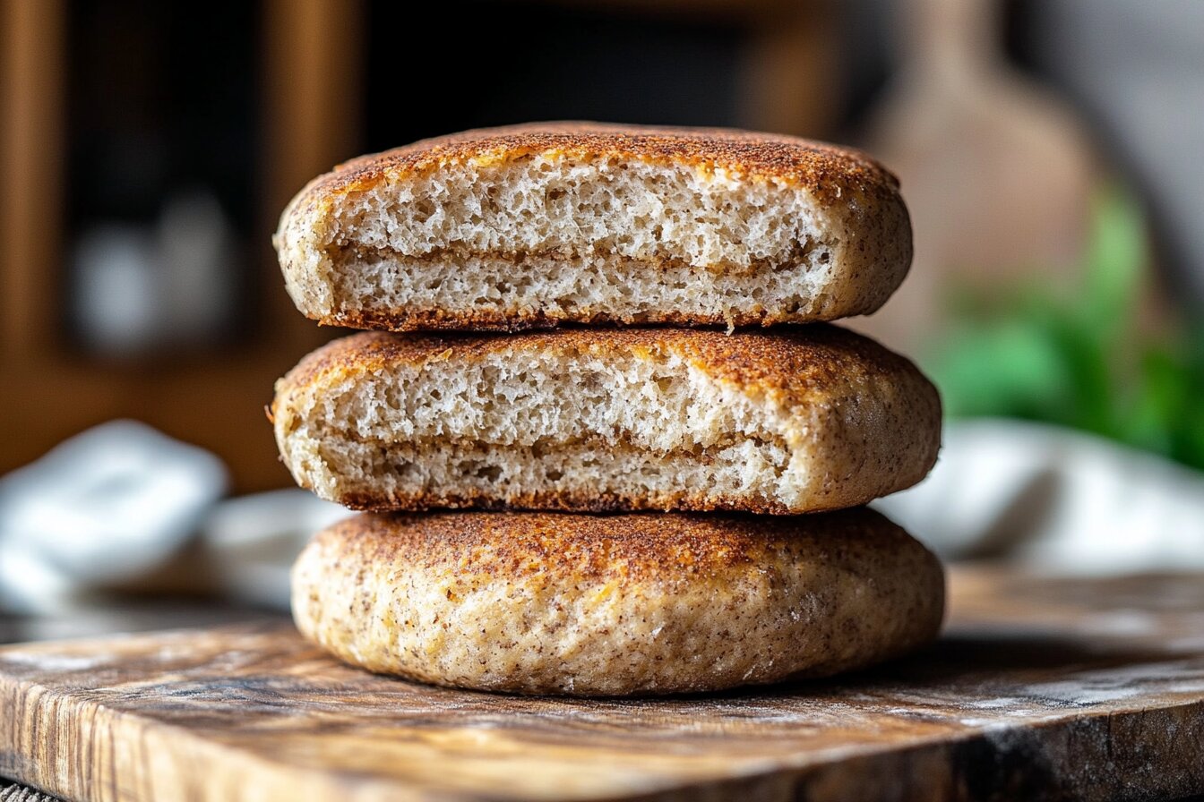 Freshly baked keto hamburger buns stacked on a wooden board.