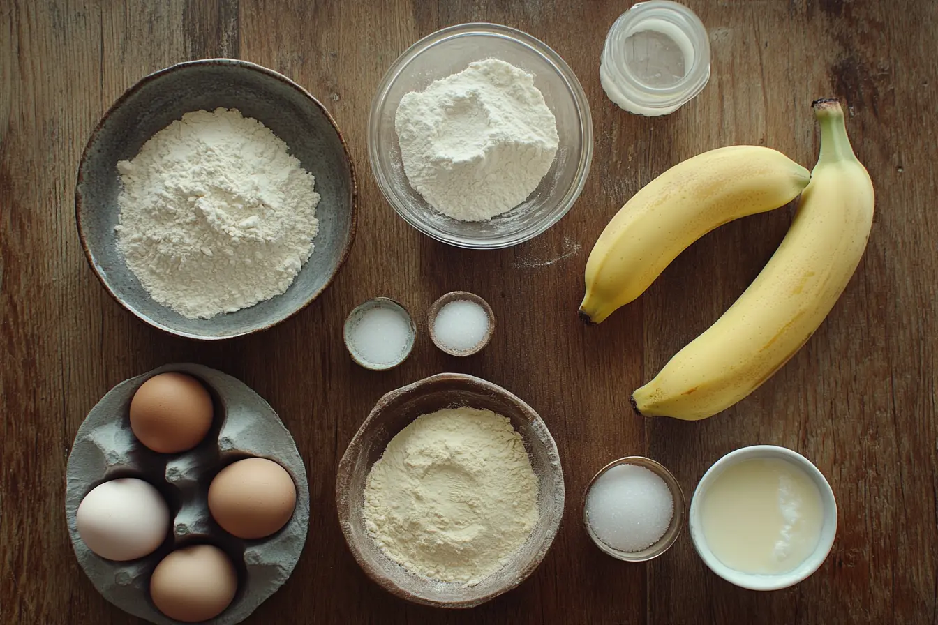 Frozen bananas, flour, eggs, sugar, baking soda, and salt arranged on a wooden countertop.