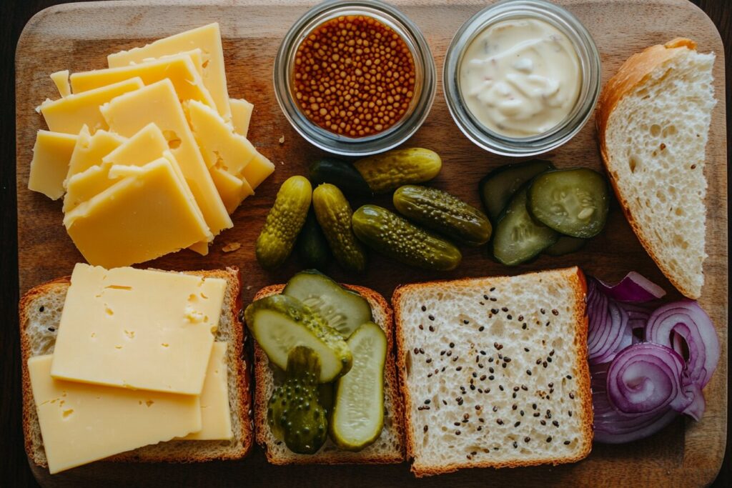 Ingredients for making a cheese and pickle sandwich