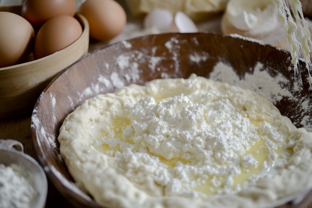 Kneading cottage cheese and egg flatbread dough on a kitchen counter