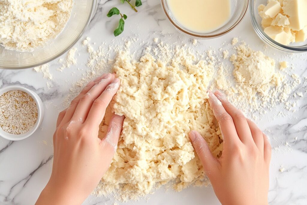 Hands kneading dough for keto hamburger buns.