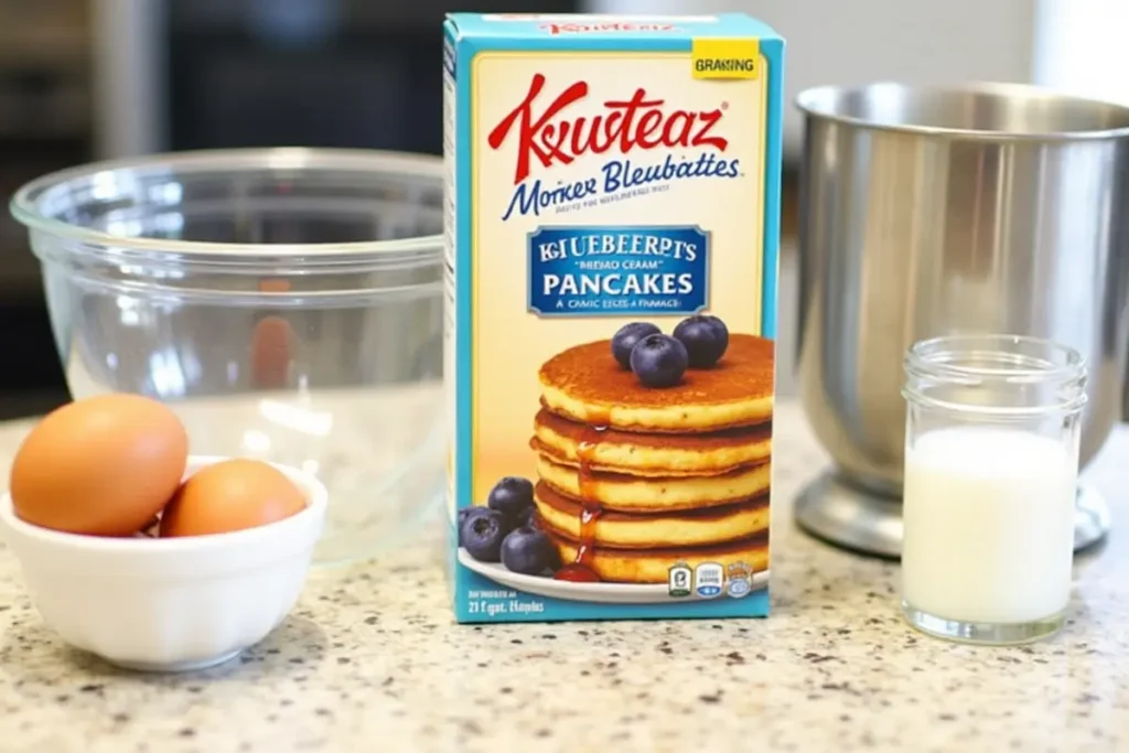 A box of Krusteaz Blueberry Pancake Mix with ingredients like milk and eggs on a kitchen counter, ready for preparation.