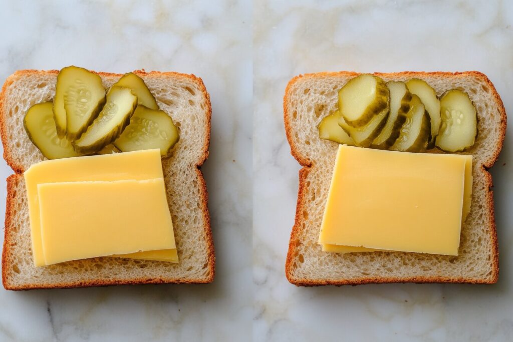 Step-by-step assembly of a cheese and pickle sandwich.