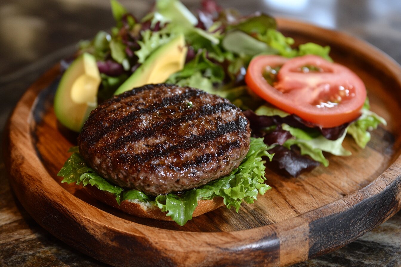 Lean hamburger with lettuce, tomato, and avocado on a wooden plate.