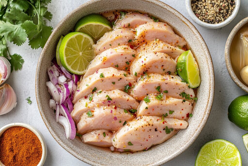 Sliced chicken marinating in lime juice and spices.