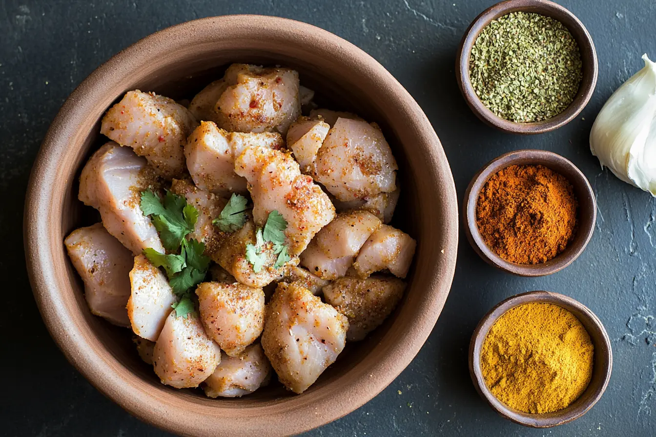 Chicken marinating with yogurt and Indian spices.