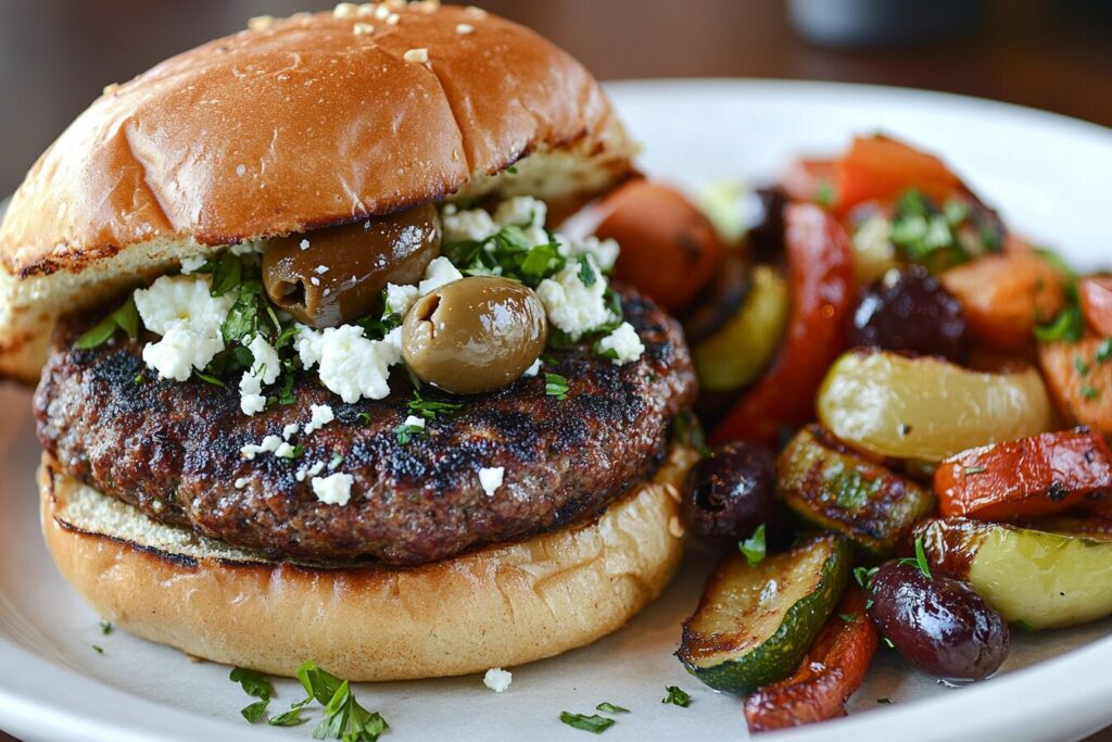 Mediterranean lean hamburger with feta and olives.