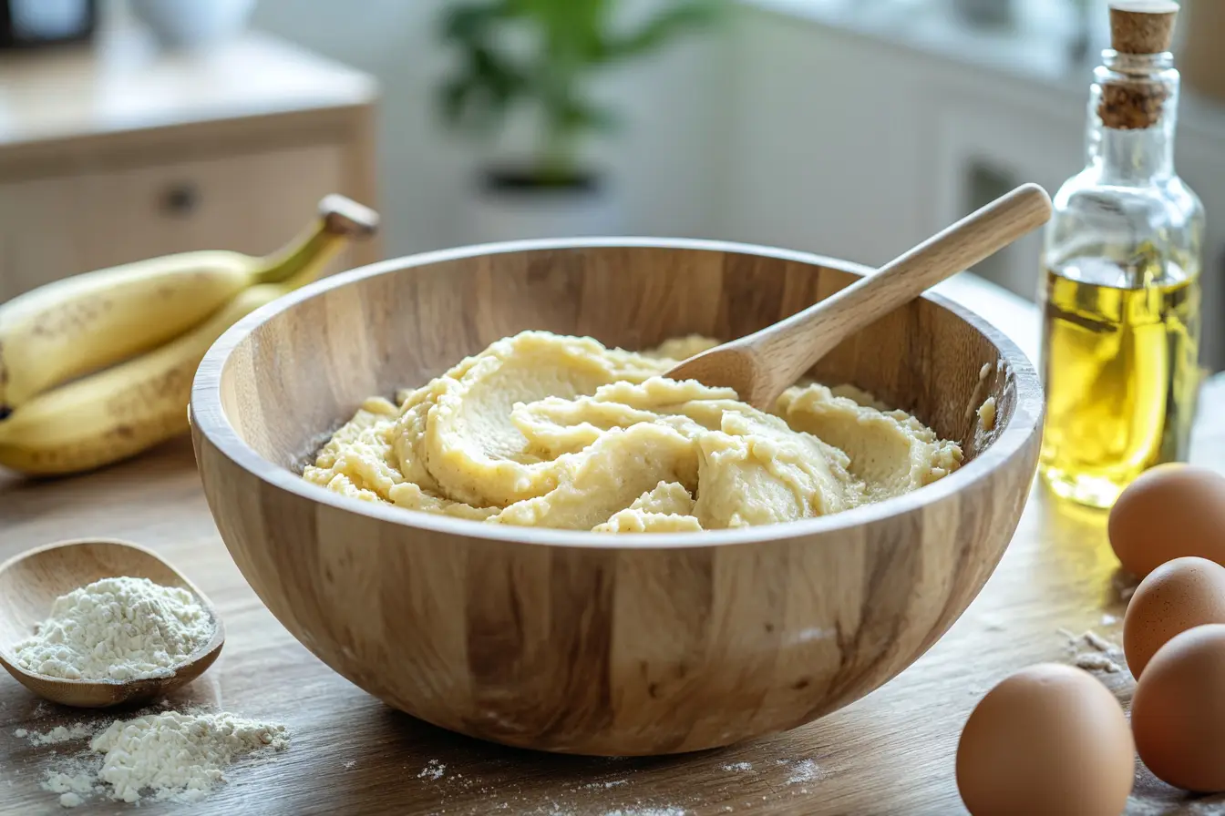 A wooden mixing bowl with banana bread batter, mashed bananas, and a wooden spoon, surrounded by flour, eggs, and oil.