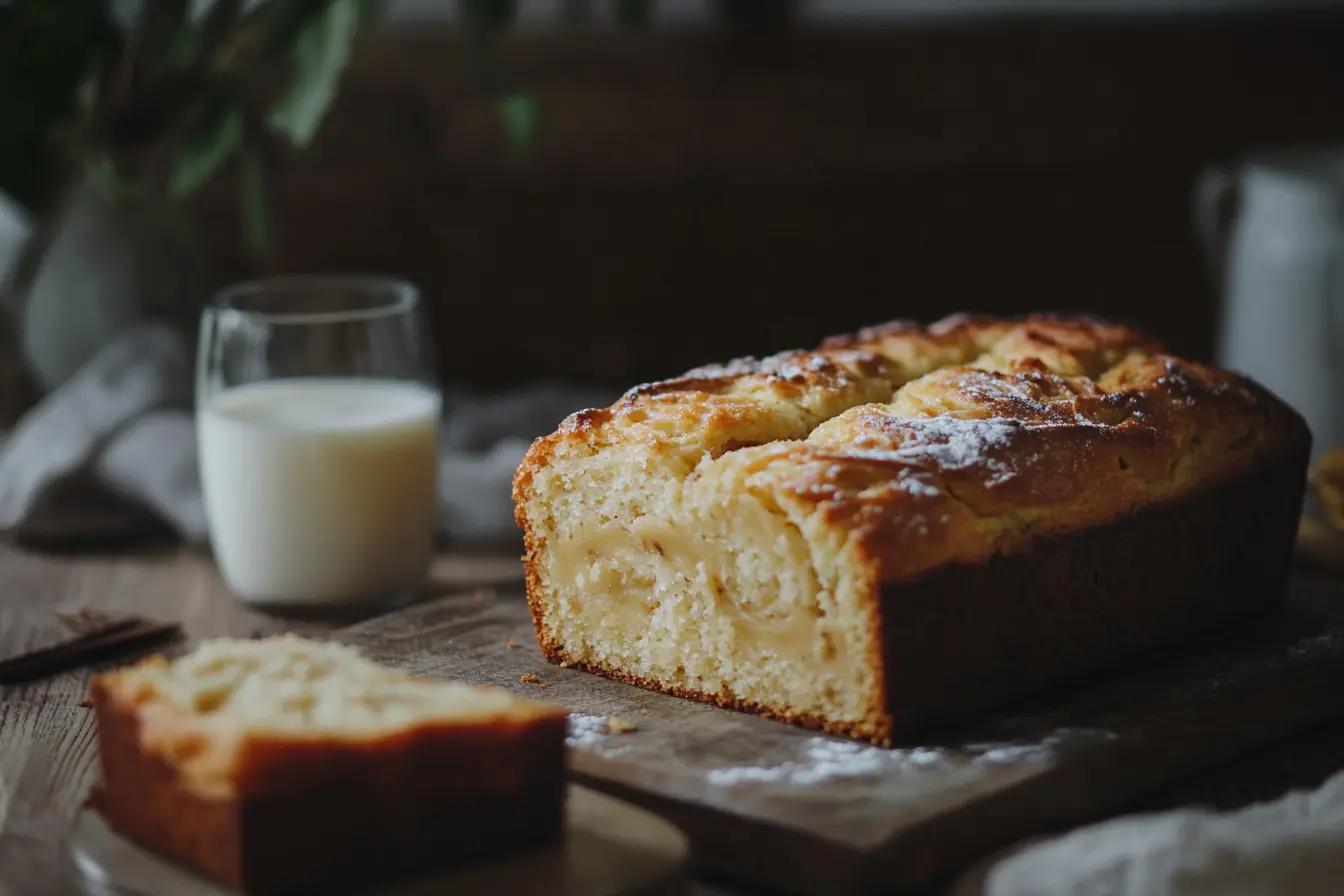 A golden-brown loaf of moist banana bread with a slice cut out, showing a tender texture, on a rustic wooden board with ripe bananas and a glass of milk.