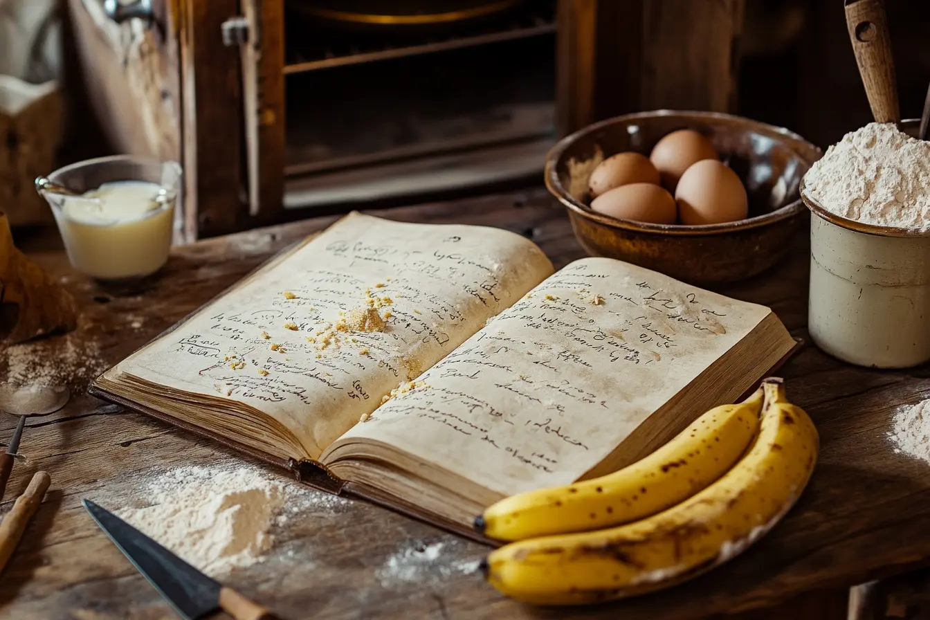 A rustic kitchen with a vintage wooden table, ripe bananas, flour, eggs, and an open family recipe book with handwritten notes, a warm oven in the background, and cozy lighting.