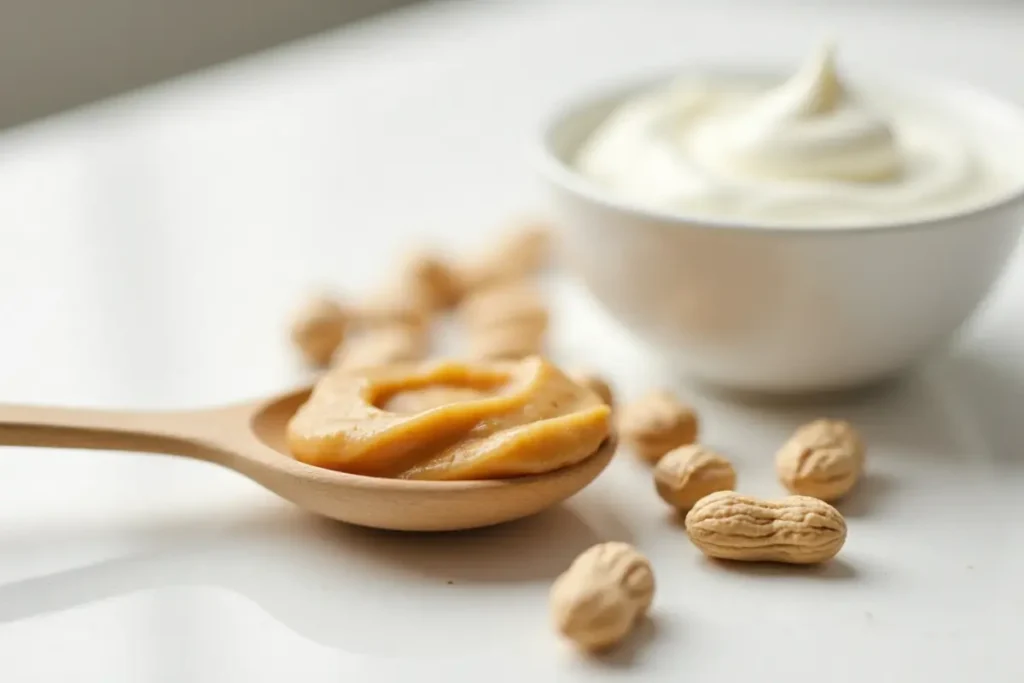 Spoonful of creamy peanut butter with peanuts and yogurt.