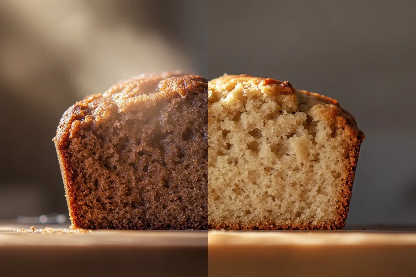 Split-screen of banana bread made with oil showing a moist texture, and banana bread with butter showing a drier texture.