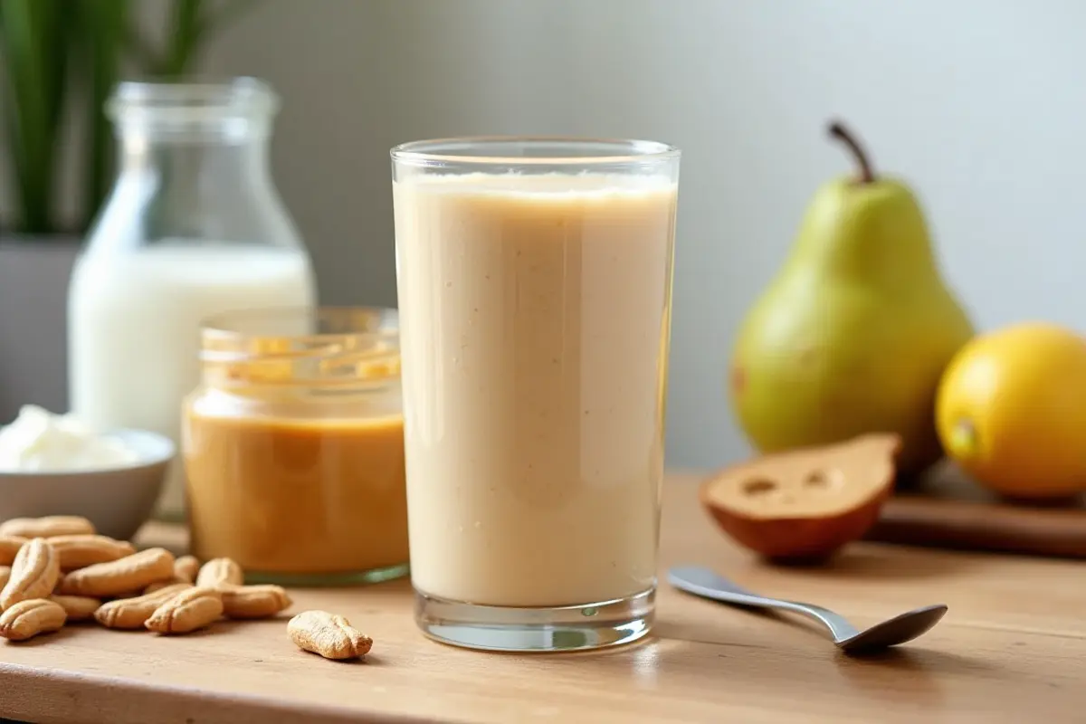 Creamy peanut butter smoothie with ingredients on a wooden table.