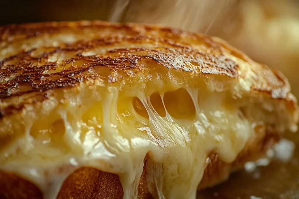 A grilled cheese sandwich with gooey melted cheese inside.