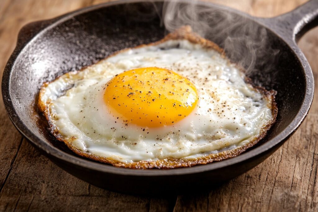 A perfectly fried egg with crispy edges and a runny yolk.