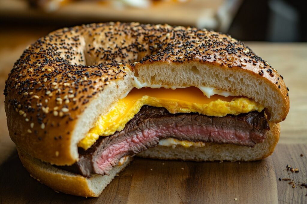 Toasting and slicing a fresh bagel for the steak egg and cheese bagel