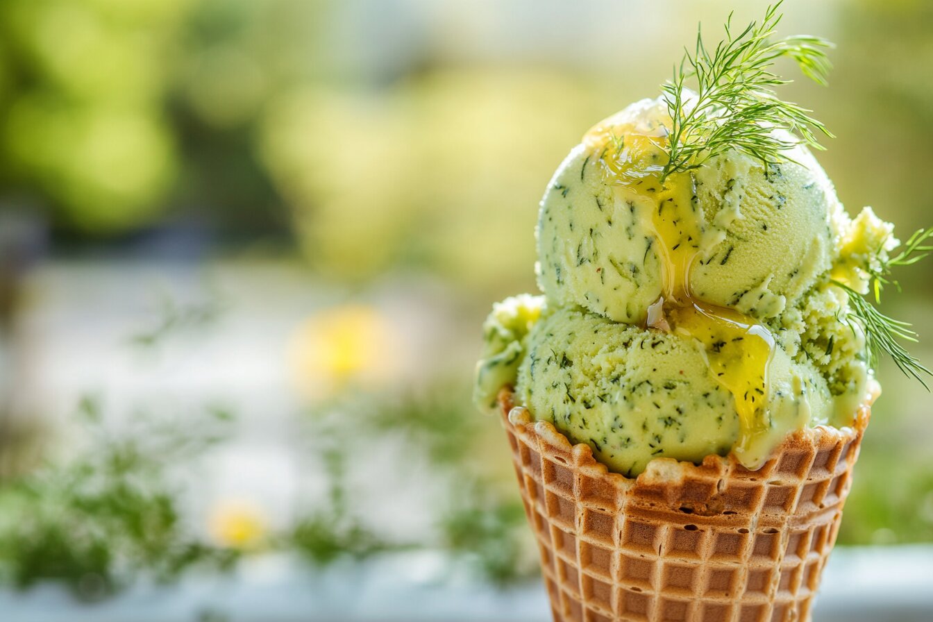 A scoop of pickle ice cream in a waffle cone, garnished with dill and honey