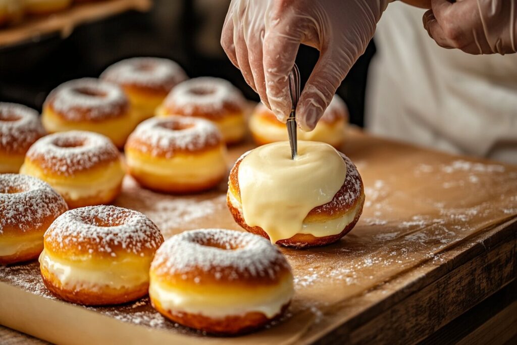  Piping milk custard into Seoul milk cream donuts.