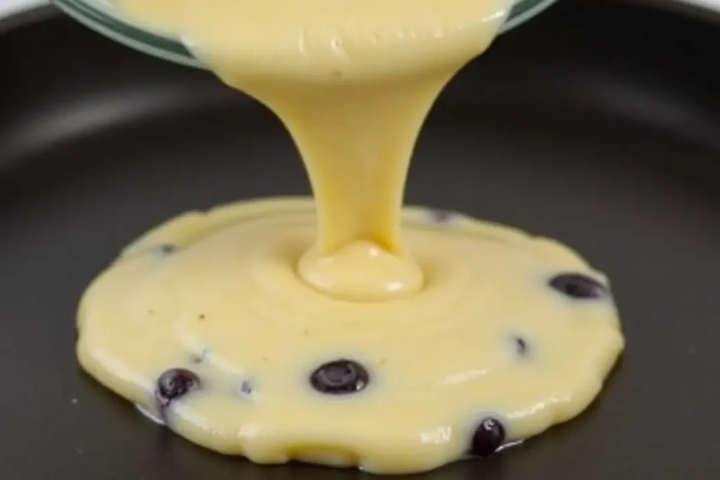 Blueberry pancake batter from Krusteaz Blueberry Pancake Mix being poured into a hot pan.