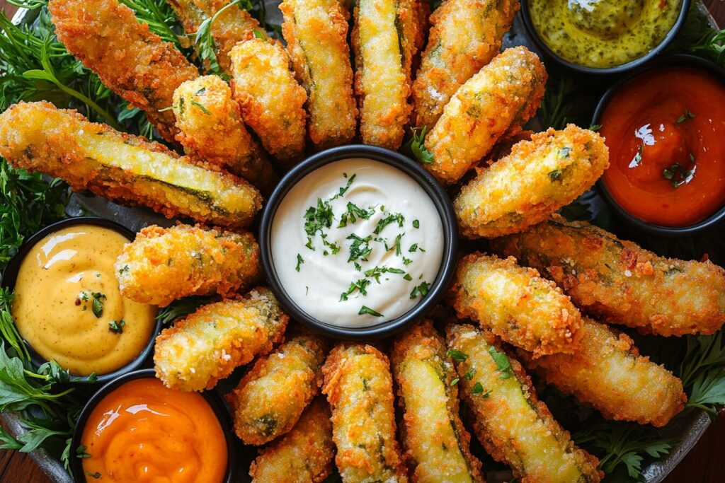 Breaded frozen fried pickles being prepared in the kitchen