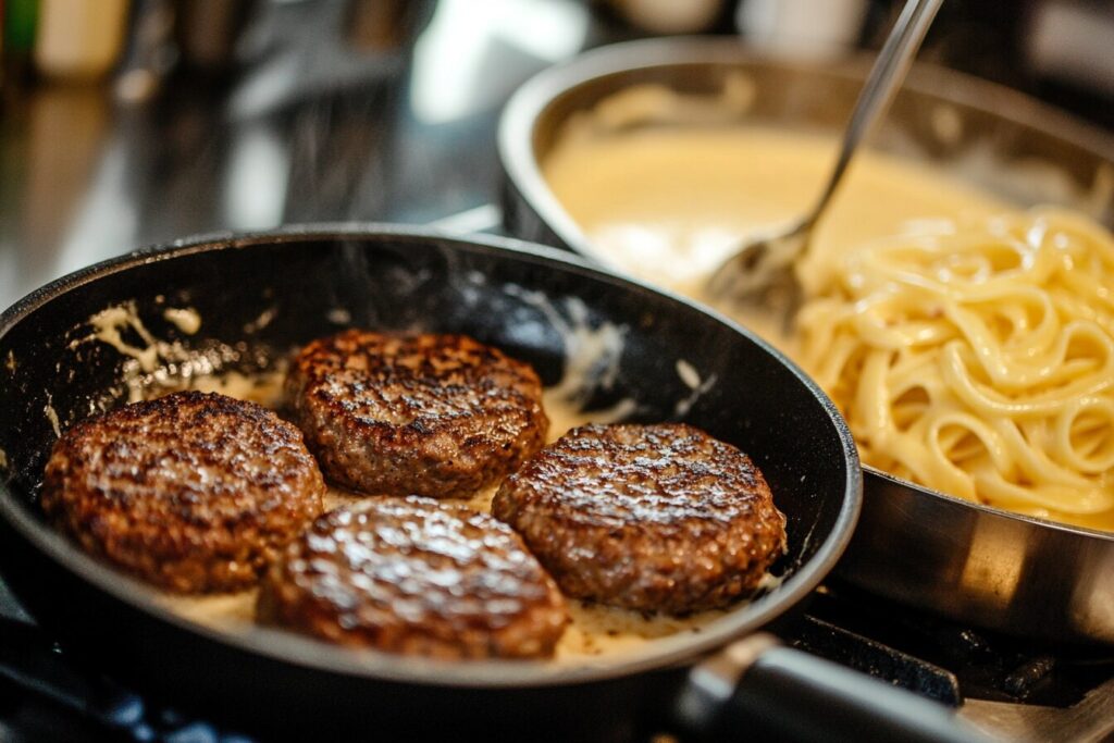 Skillet with hamburger patties and a pot of mac and cheese being prepared.