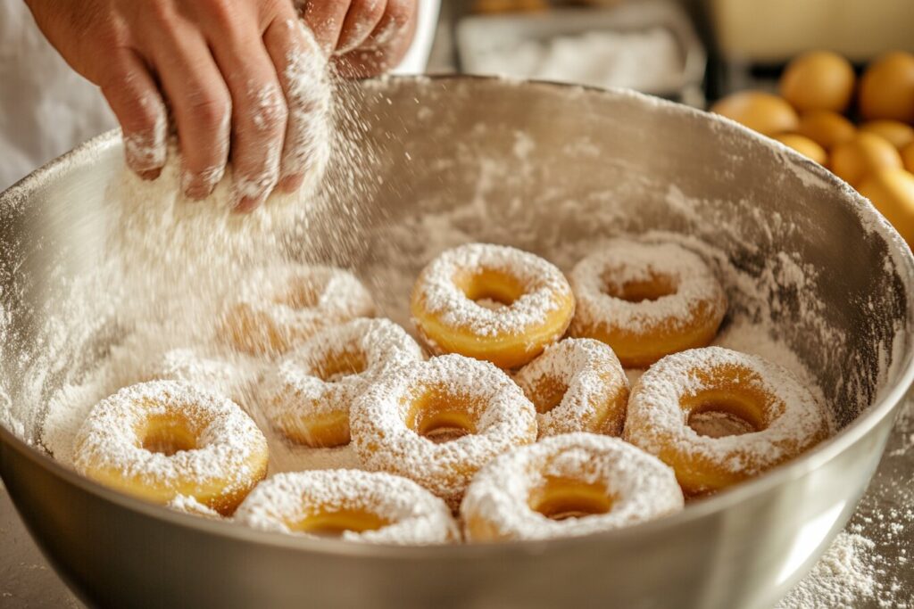 Baker mixing ingredients for powdered donuts.