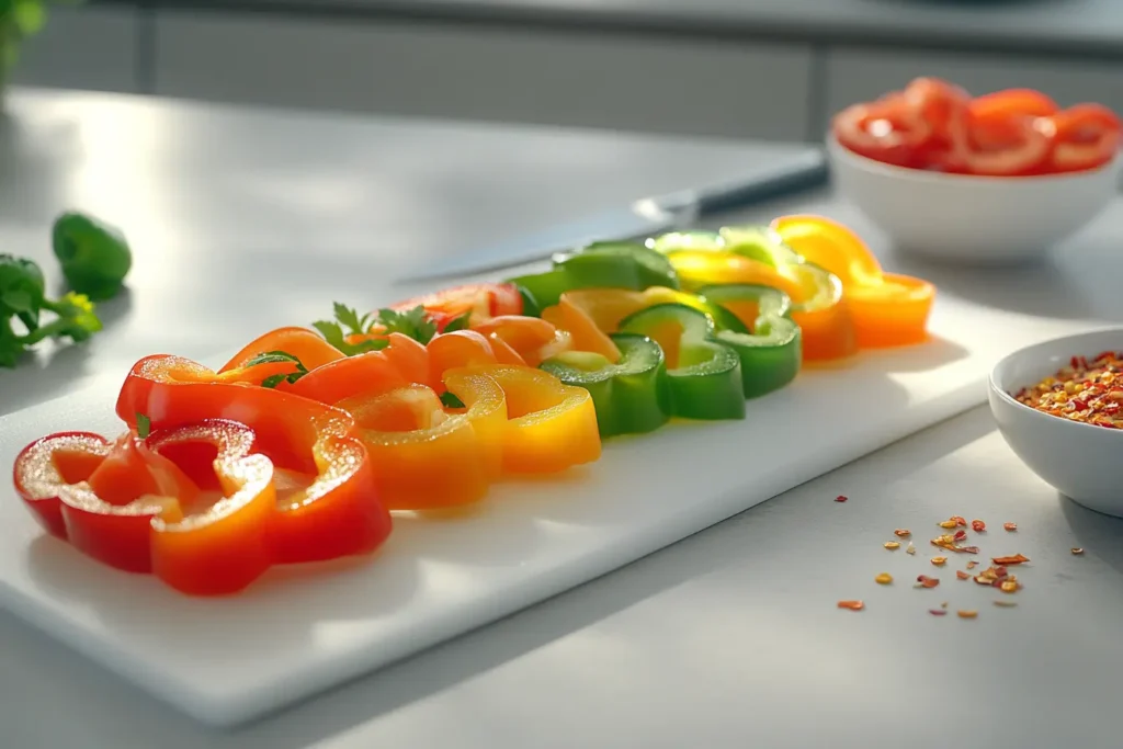 Hollowed-out bell peppers ready for stuffing on a cutting board.